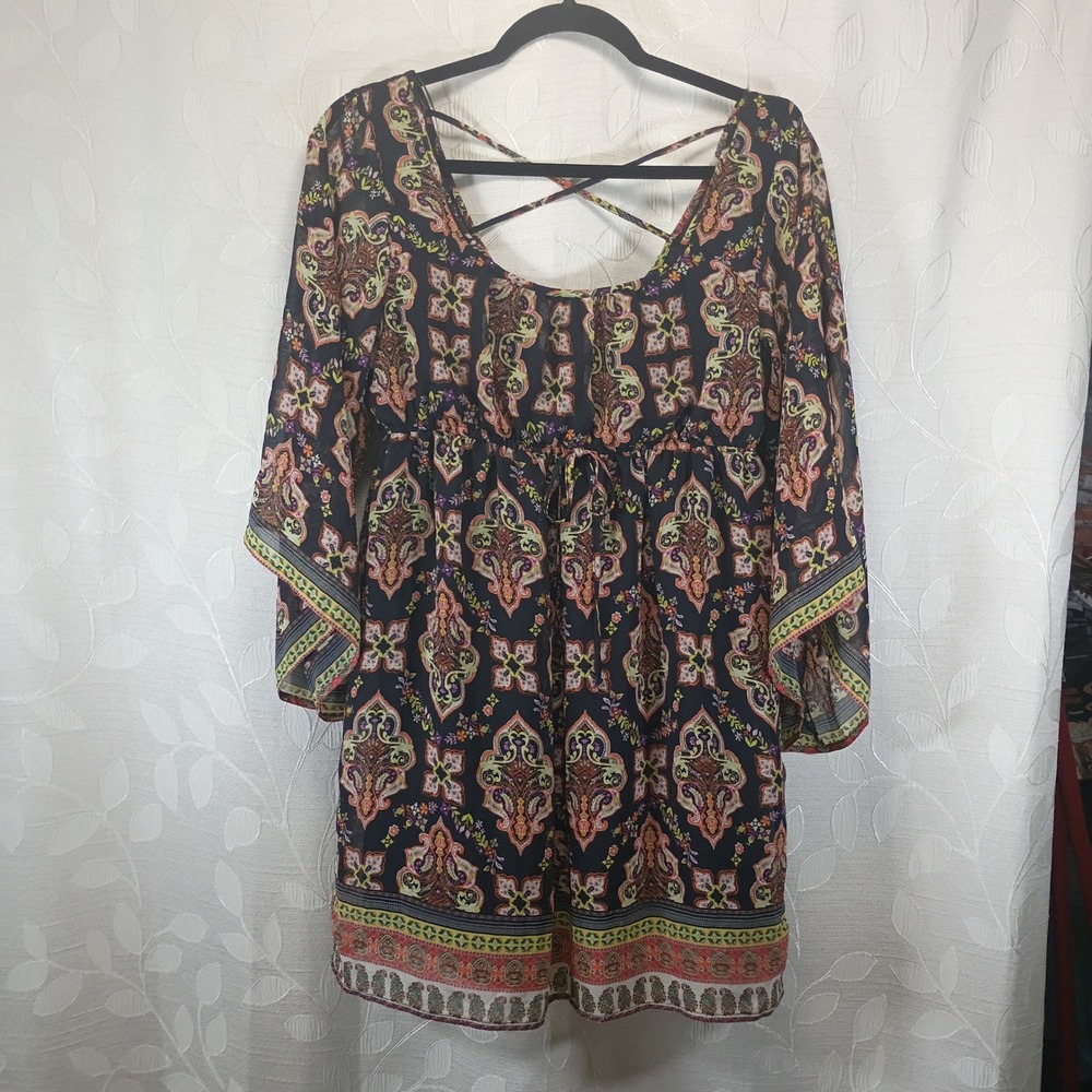 Socialite Womens Paisley Floral Bell Sleeve Mini Dress Black Boho Empire Waist M